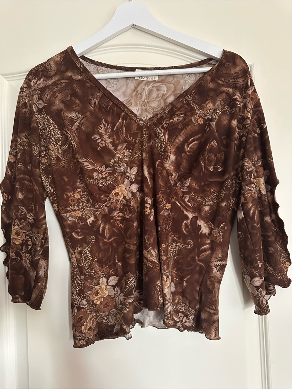 Brown Floral V-Neck with Ruffle Sleeves